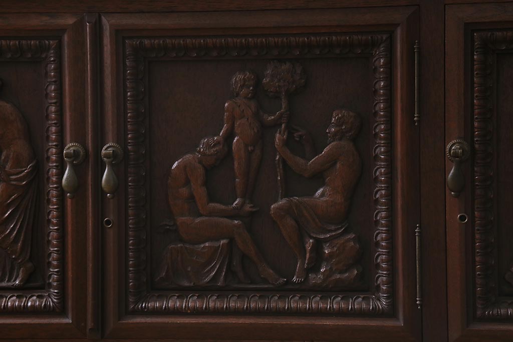 アンティーク家具　フランスアンティーク　マホガニー材　芸術作品のような彫刻が見事な飾り棚(食器棚、カップボード、収納棚)(R-041633)