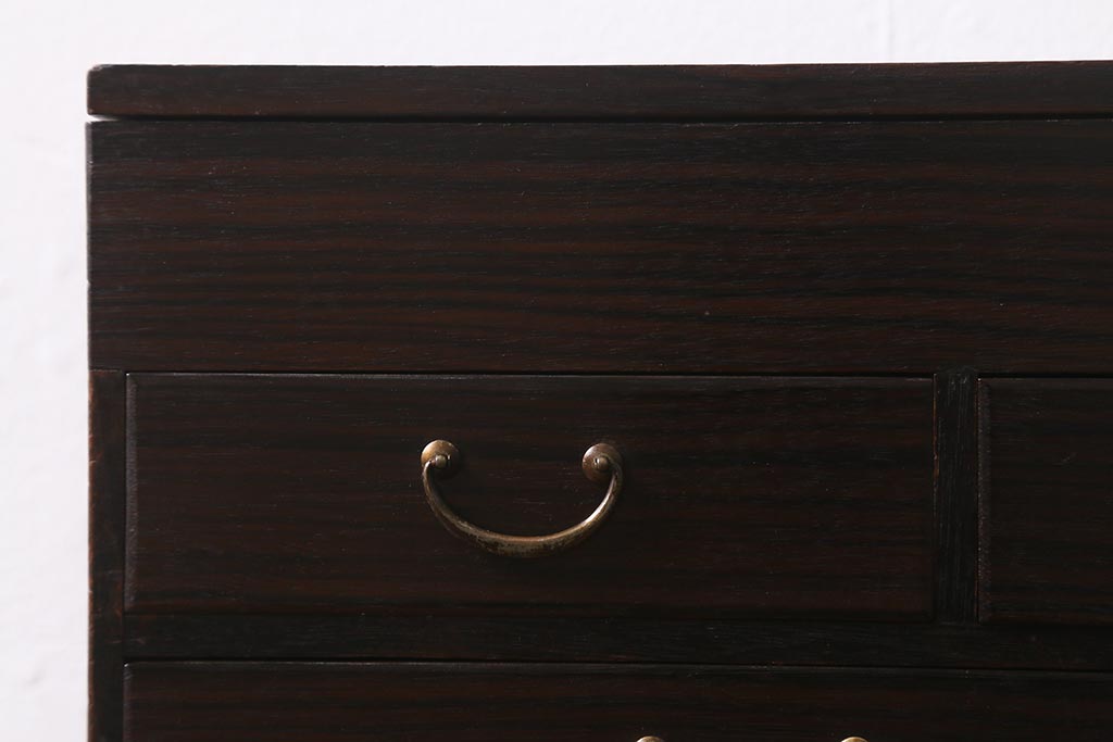 アンティーク雑貨　大正昭和初期　前面縞黒檀　上品かつシックな佇まいの木製裁縫箱(針箱、ソーイングボックス、小引き出し、小物収納)(R-042008)