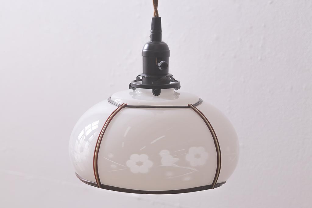 アンティーク照明　昭和初期　梅と小鳥の模様が可愛らしい天井照明(吊り下げ照明、ペンダントライト)(R-042030)
