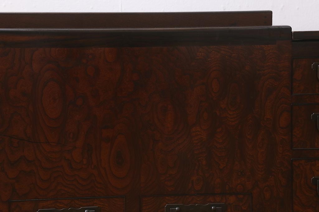 アンティーク雑貨　大正昭和初期　ケヤキ玉杢材　漆塗りが美しい長火鉢(木製火鉢)(R-042053)