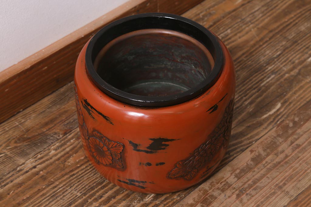 鎌倉彫り 火鉢 大型 竹梅菊 昭和 アンティーク 茶道具