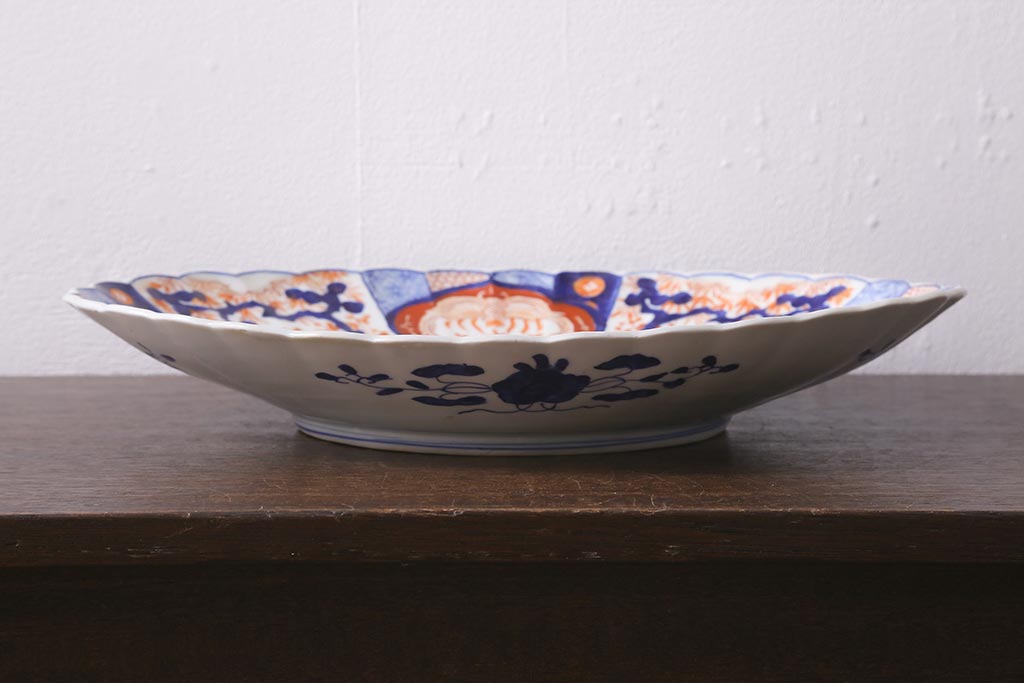 アンティーク雑貨　骨董　明治期　色絵花籠図染付楕円大皿(和食器)(R-042070)