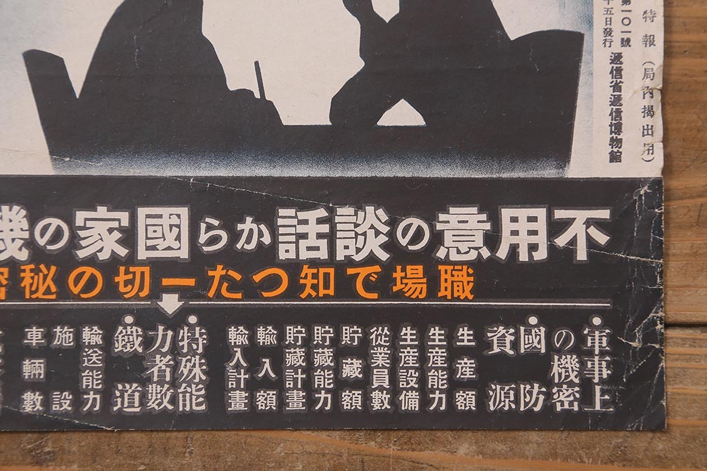 戦前　昭和十五年(昭和15年)　逓信省ポスター2枚セット　逓信寫眞特報「護れ機密 防げ間諜」「我等の覚悟 逓信防諜」(R-042075)