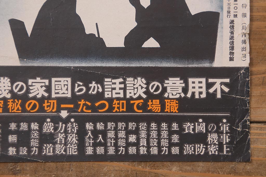 戦前　昭和十五年(昭和15年)　逓信省ポスター2枚セット　逓信寫眞特報「護れ機密 防げ間諜」「我等の覚悟 逓信防諜」(R-042075)