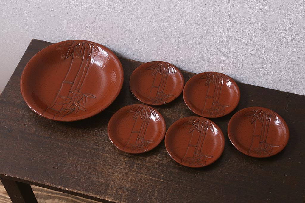 アンティーク雑貨　昭和初期　鎌倉彫　菓子皿　銘名皿5枚(在銘作家物)(R-042132)