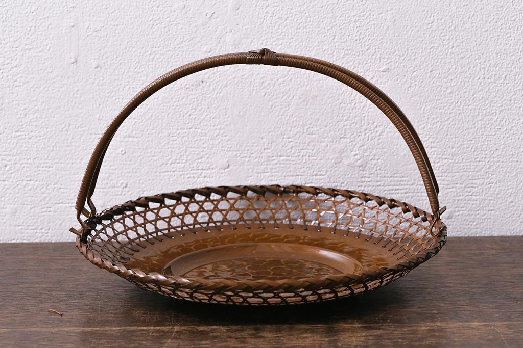 アンティーク雑貨　昭和中期　三越(MITSUKOSHI)　銅編み　槌目が目を引く菓子器(菓子鉢、共箱)(R-042175)