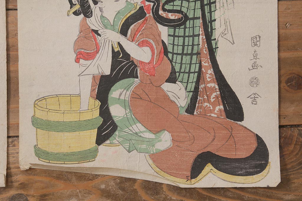 アンティーク雑貨　江戸〜明治　浮世絵　古い版画7枚(豊國、英泉、國安)(R-042188)