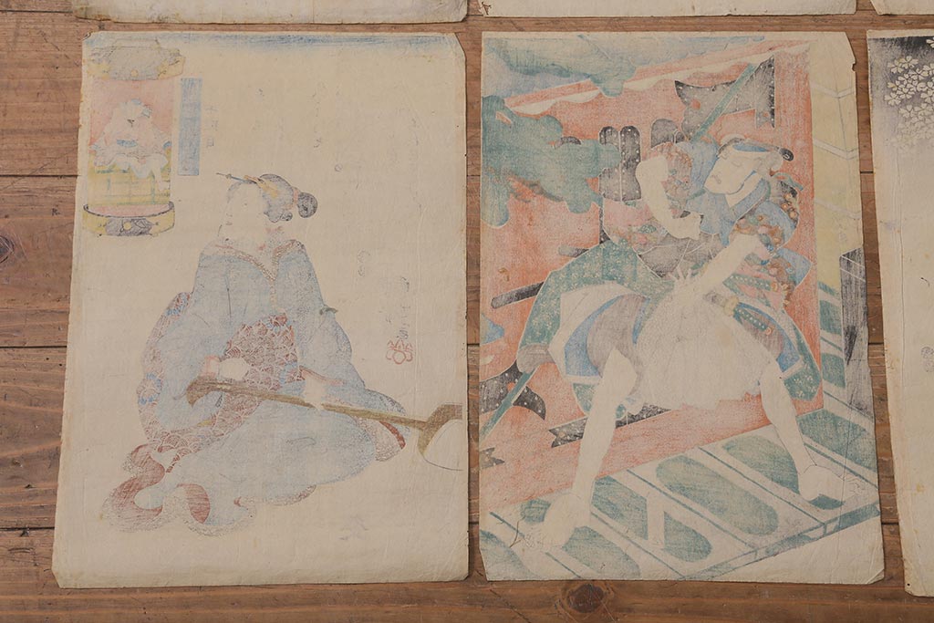 アンティーク雑貨　江戸〜明治　浮世絵　古い版画6枚(豊國、國貞、國芳)(R-042189)