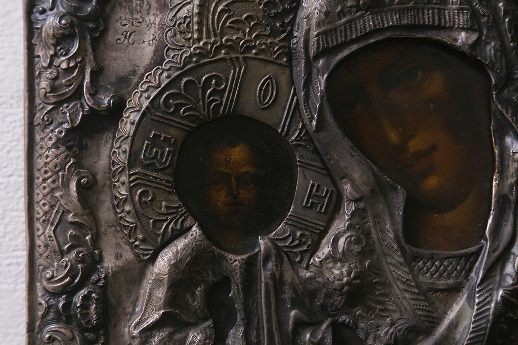 アンティーク雑貨　西洋アンティーク　イコン聖像　マリアとイエスキリスト(宗教美術)(R-042200)