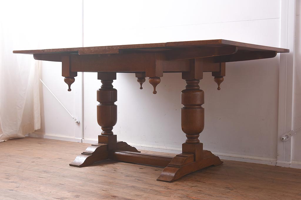アンティーク家具　イギリスアンティーク　 シンプルなバルボスレッグのドローリーフテーブル(エクステンションテーブル、ダイニングテーブル)(R-042216)