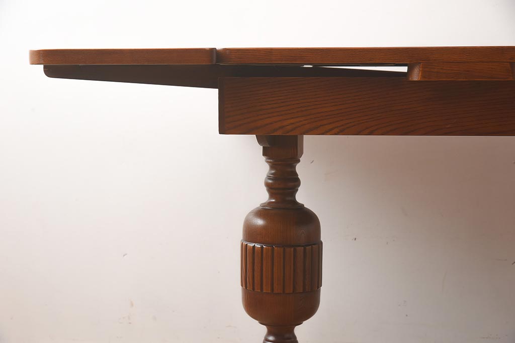 アンティーク家具　イギリスアンティーク　オーク材　バルボスレッグ　パーケット天板のドローリーフテーブル(エクステンションテーブル、ダイニングテーブル)(R-042218)