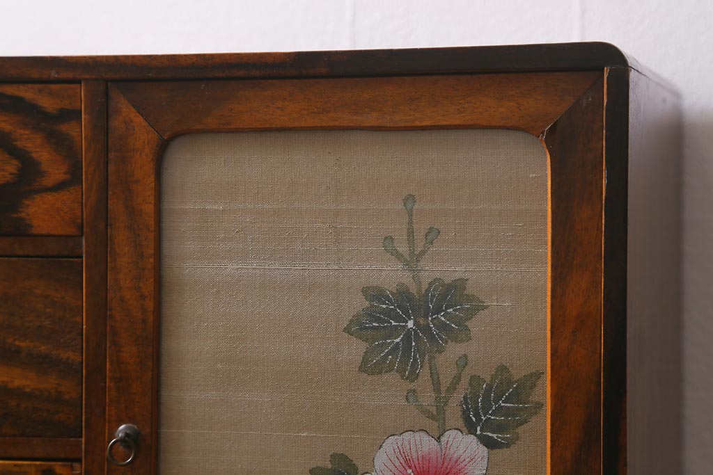 和製アンティーク　昭和初期　華やかな花の絵が印象的な小引き出し(小物収納)(R-042229)