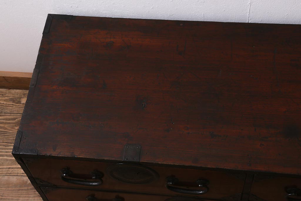 アンティーク家具　明治大正期　前面ケヤキ材　漆塗り　上品な和の雰囲気漂う相馬箪笥ローボード(ローチェスト、引き出し、衣装箪笥)(R-042298)