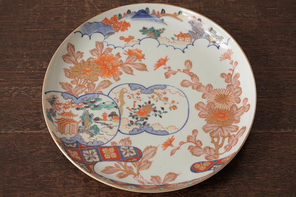 江戸期 伊万里焼 金彩色絵染付九寸皿(窓絵、9寸皿、大皿、古伊万里、和 