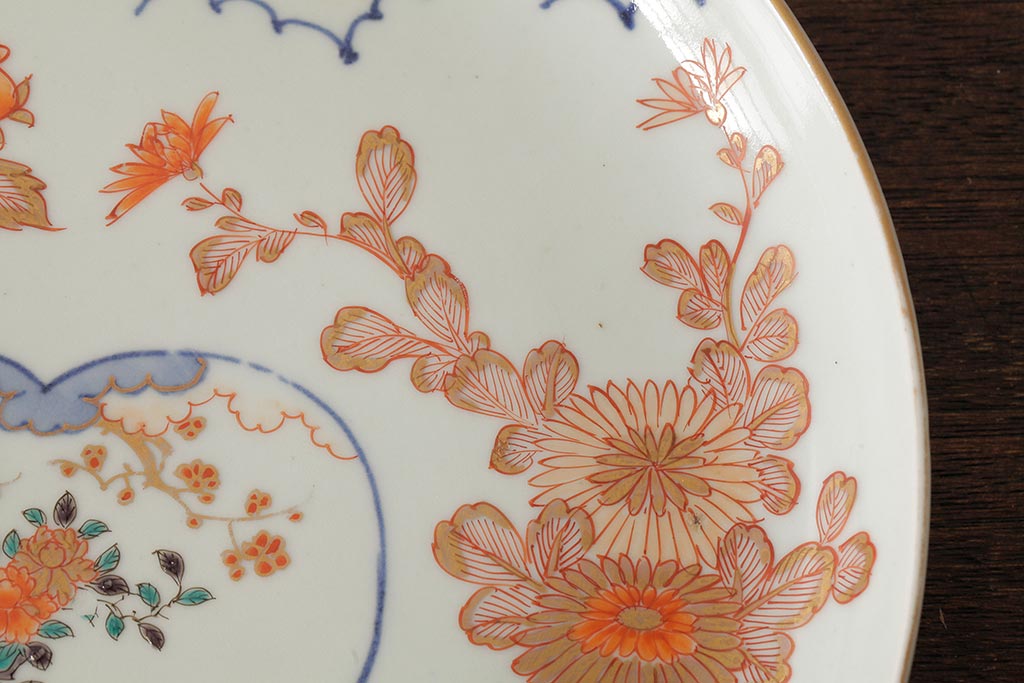 江戸期　伊万里焼　金彩色絵染付九寸皿(窓絵、9寸皿、大皿、古伊万里、和食器)(R-042309)