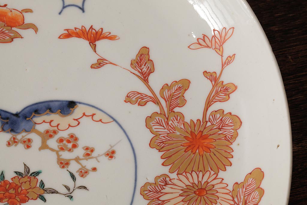 江戸期 伊万里焼 金彩色絵染付八寸皿窓絵、8寸皿、大皿、古伊万里、和
