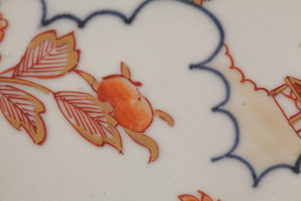 江戸期　伊万里焼　金彩色絵染付八寸皿(窓絵、8寸皿、大皿、古伊万里、和食器)(R-042310)