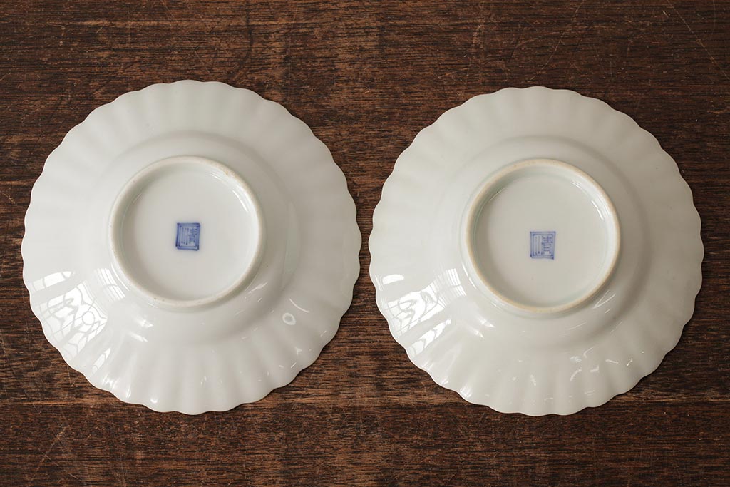 江戸期　古伊万里　白磁染付輪花小皿2枚セット(小鉢、和食器)(R-042312)