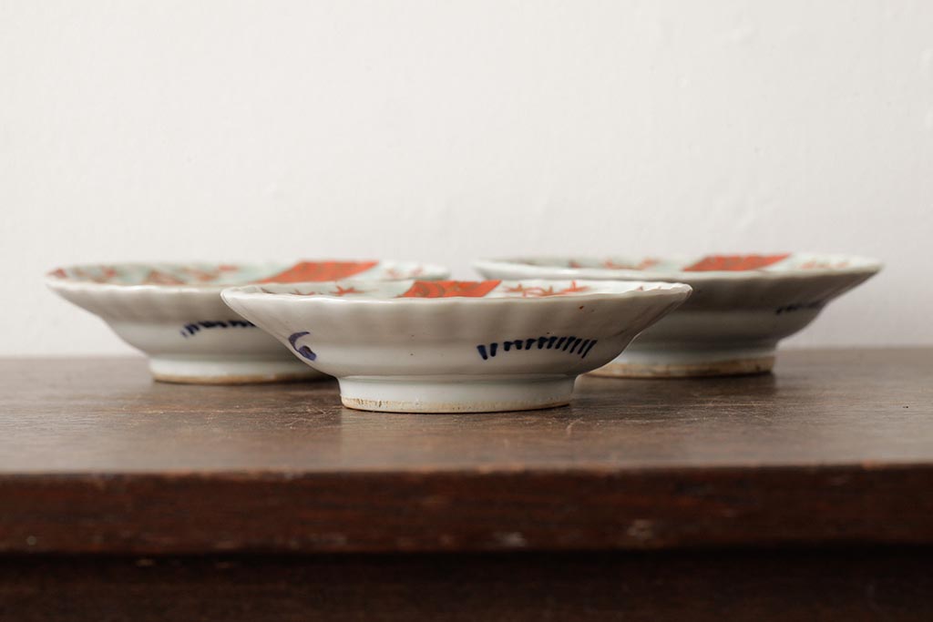 江戸期 古伊万里 色絵染付小皿3枚セット小鉢、和食器
