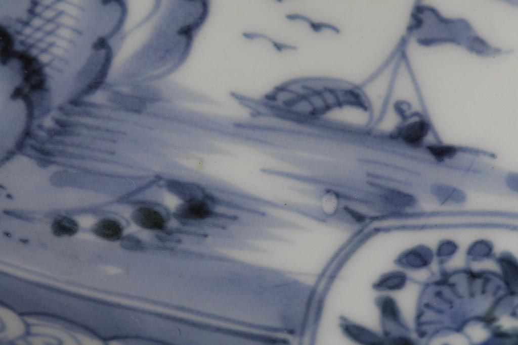 アンティーク雑貨　古民具・骨董　江戸期　古伊万里　山水図染付変形皿3枚セット(和食器)(R-042471)