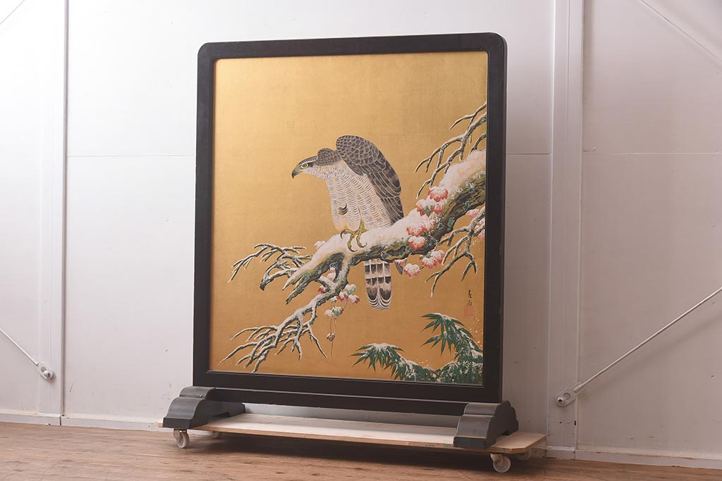アンティーク家具　在銘　秋草　鷹　豪華な印象を与える衝立(つい立て)(R-042478)