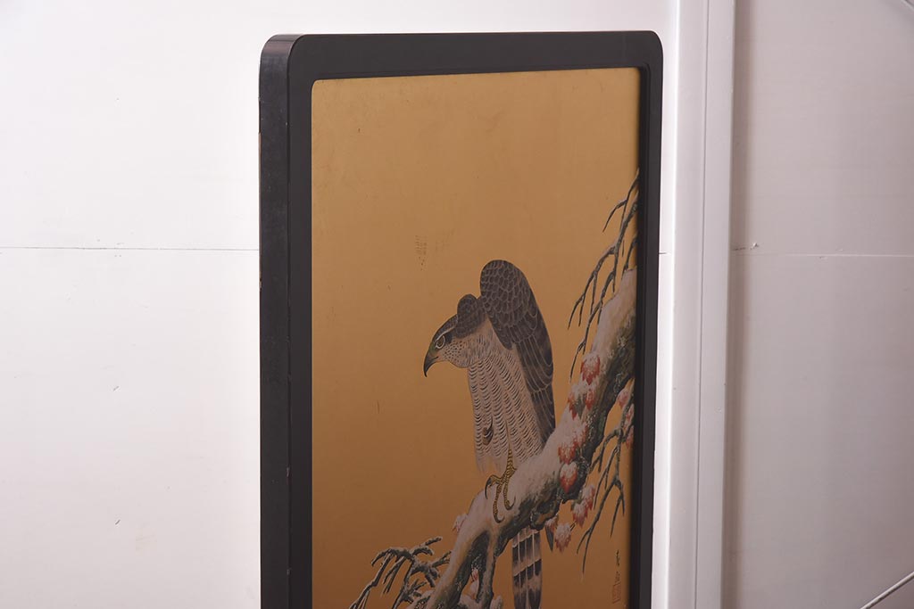 アンティーク家具　在銘　秋草　鷹　豪華な印象を与える衝立(つい立て)(R-042478)