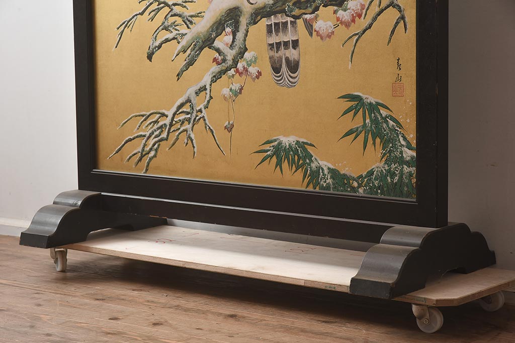 アンティーク家具　在銘　秋草　鷹　豪華な印象を与える衝立(つい立て)(R-042478)