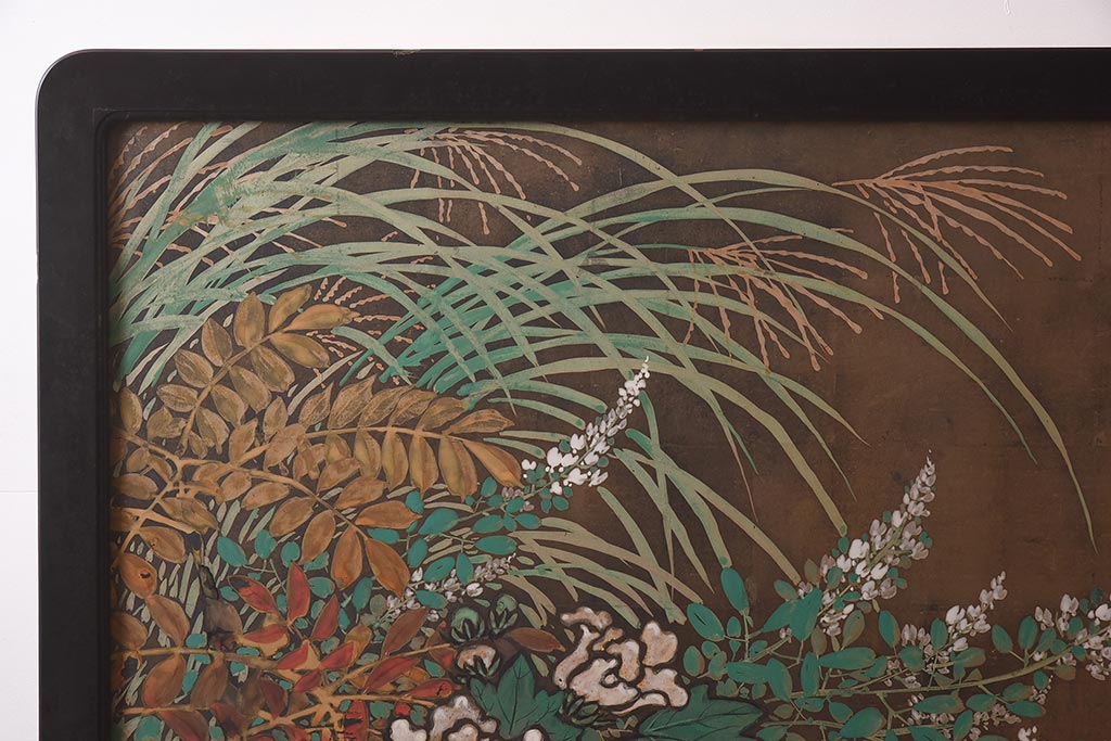 アンティーク家具　在銘　秋草　鷹　豪華な印象を与える衝立(つい立て)(R-042478)