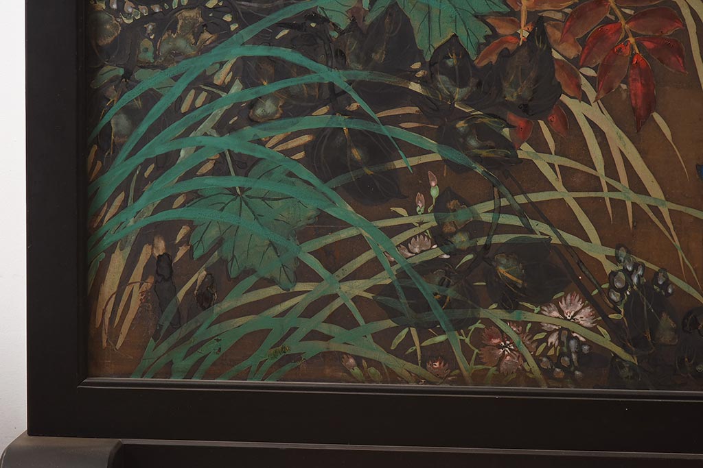 アンティーク家具　在銘　秋草　鷹　豪華な印象を与える衝立(つい立て)(R-042478)