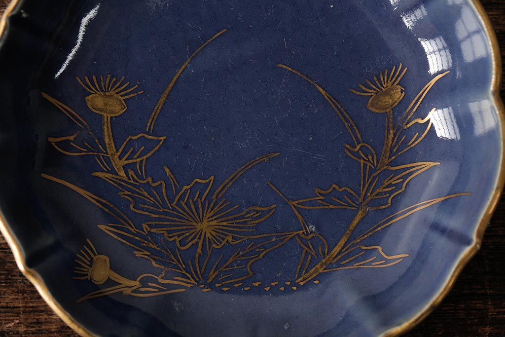 アンティーク雑貨　江戸期　古伊万里　瑠璃金彩花文小皿3枚セット(変形皿、和食器)(R-042527)