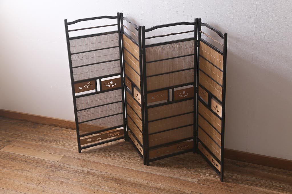 ビンテージ家具　和製ビンテージ　すだれが涼やかな印象の四連折り畳み式パーテーション(衝立、仕切り)(R-042552)