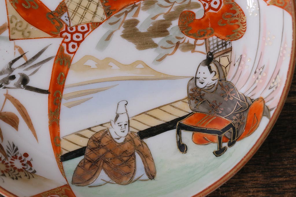 趣楽】 希少 明治時代 九谷焼 鏑木製 細密絵付け能画図変り小皿
