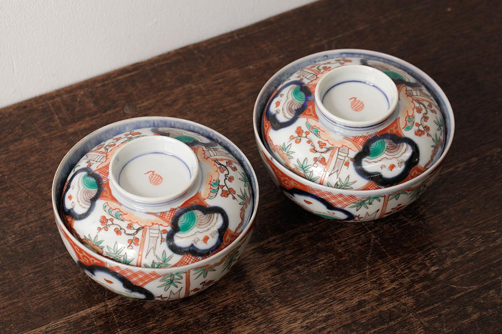 アンティーク雑貨　江戸期　古伊万里　色絵染付蓋茶碗2客セット(和食器)(R-042588)