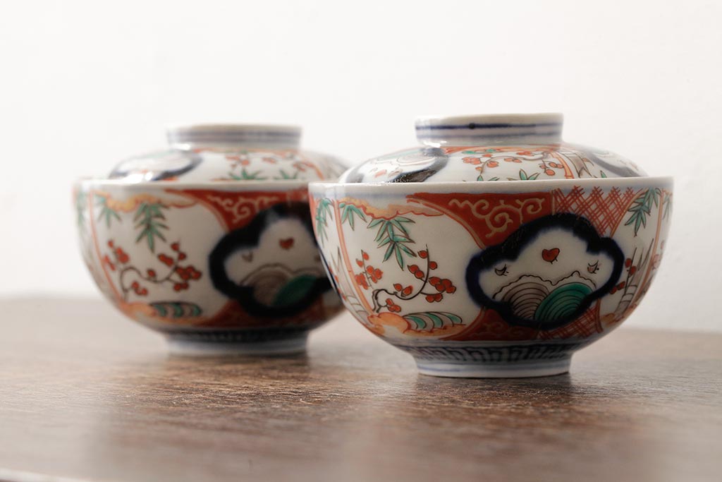 アンティーク雑貨　江戸期　古伊万里　色絵染付蓋茶碗2客セット(和食器)(R-042588)