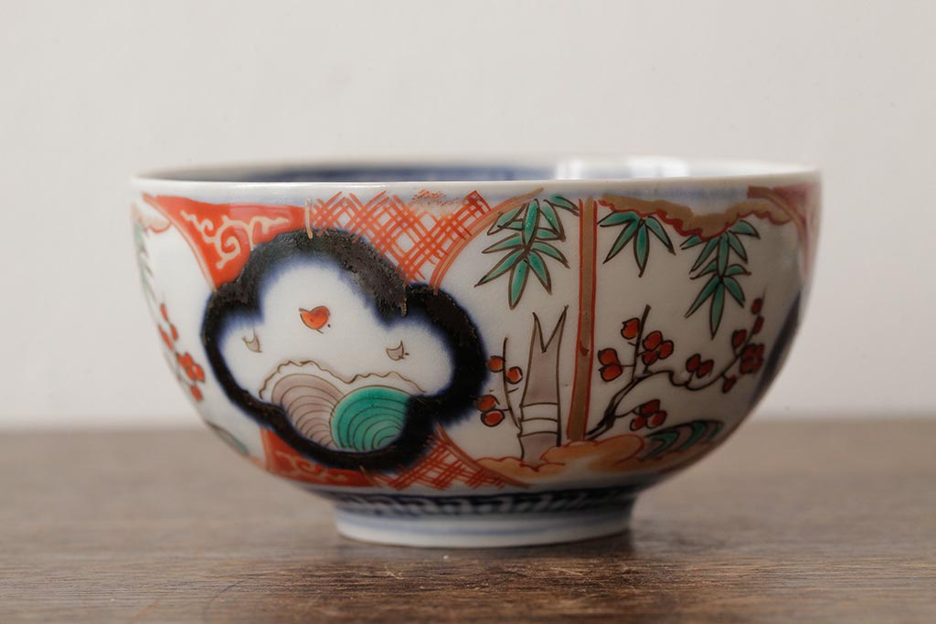 アンティーク雑貨　江戸期　古伊万里　色絵染付蓋茶碗2客セット(和食器)(R-042588)