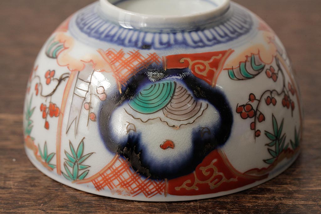 アンティーク雑貨　江戸期　古伊万里　色絵染付蓋茶碗2客セット(和食器)(R-042588)