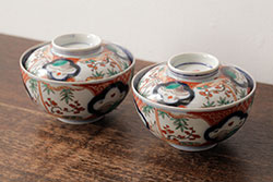 アンティーク雑貨　江戸期　古伊万里　色絵染付蓋茶碗2客セット(和食器)(R-042588)