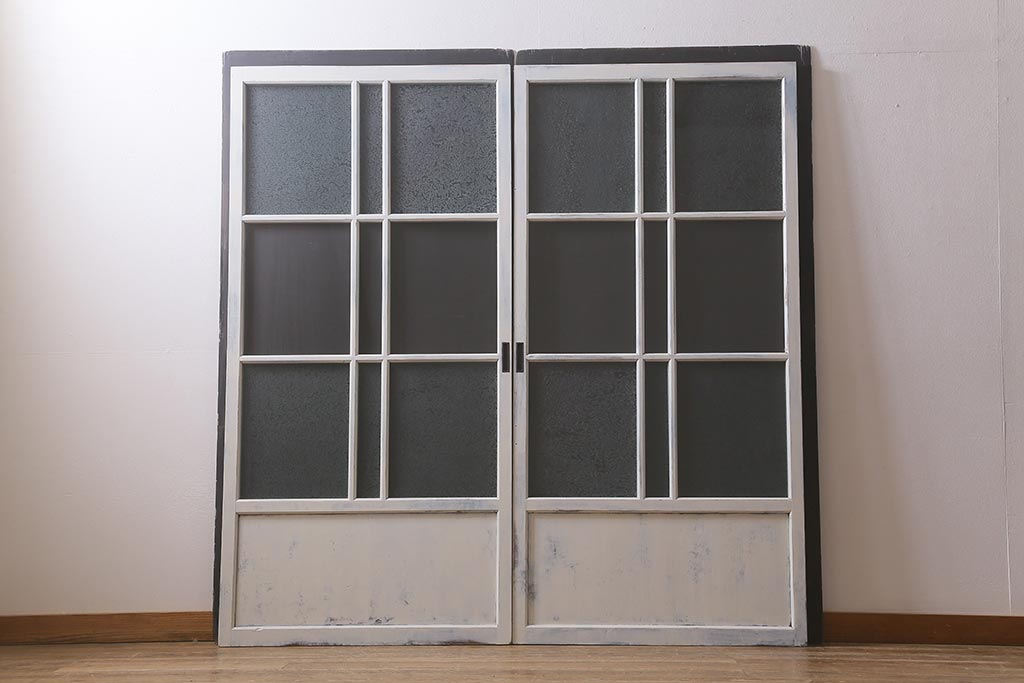アンティーク建具　昭和初期　結霜ガラス　明るく爽やかな雰囲気のガラス戸2枚セット(引き戸、建具)(R-042655)