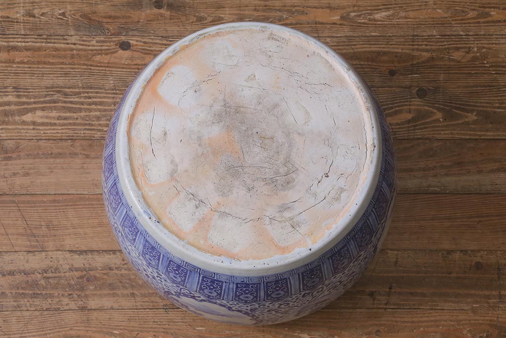 アンティーク雑貨　鳳凰・僧侶の図　特大サイズの瀬戸火鉢(鉢カバー)(R-042675)