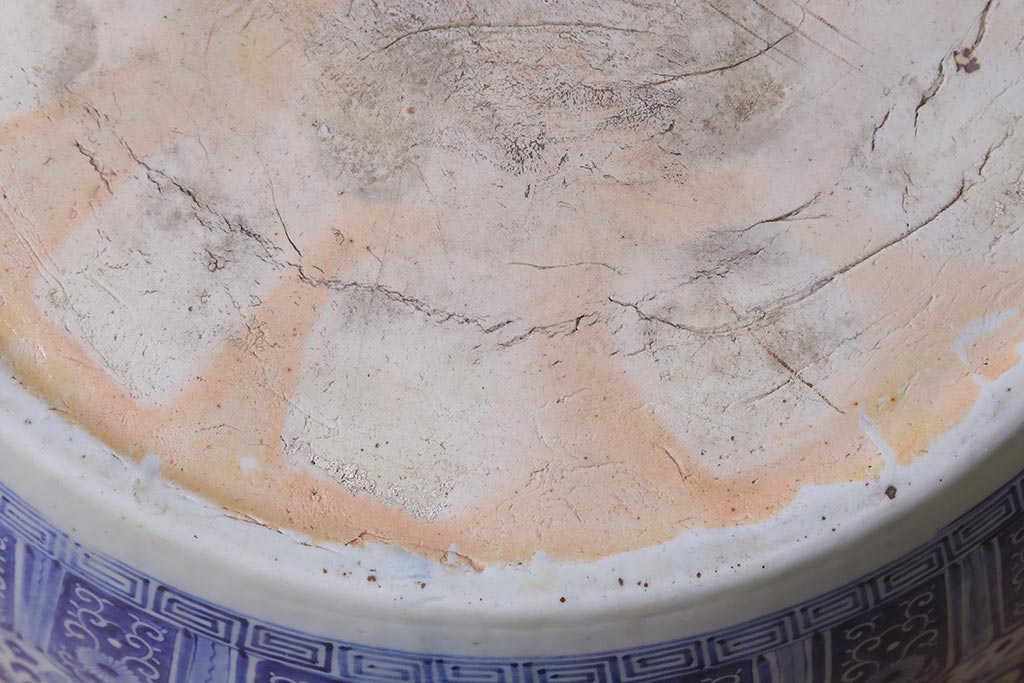 アンティーク雑貨　鳳凰・僧侶の図　特大サイズの瀬戸火鉢(鉢カバー)(R-042675)