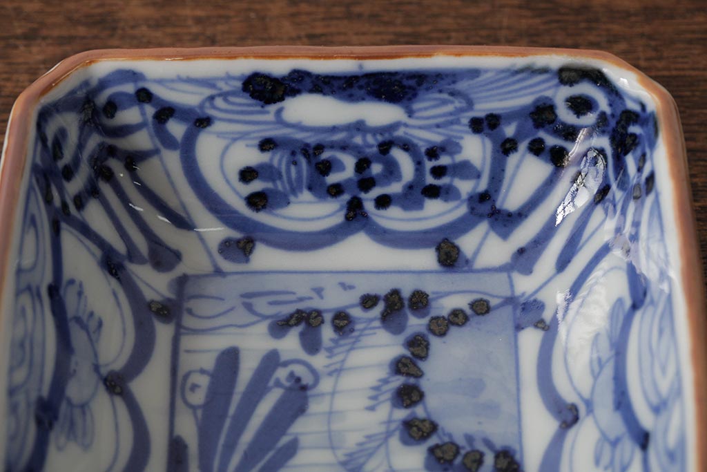 アンティーク雑貨　幕末明治期　伊万里焼　染付角皿2枚セット(向付、小鉢、和食器)(R-042681)