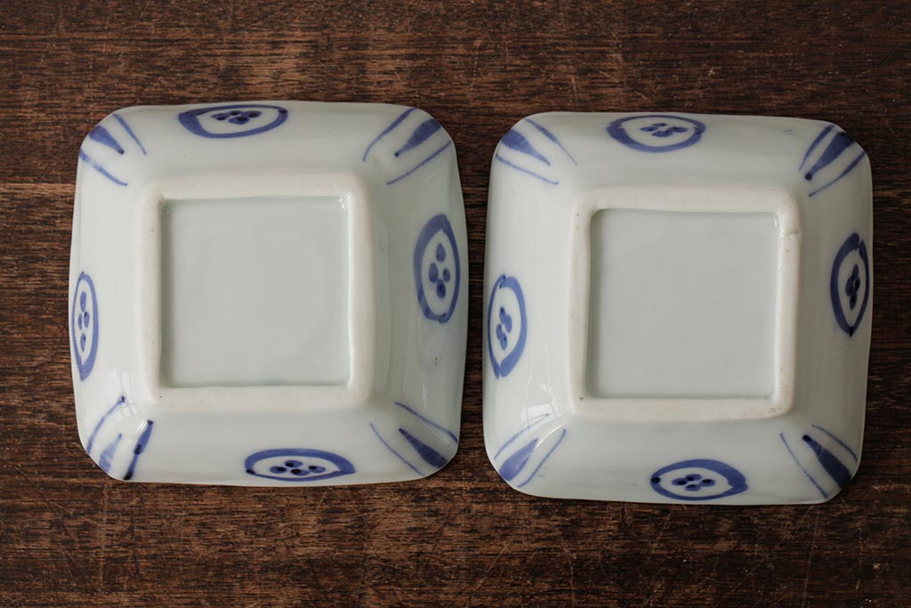 アンティーク雑貨　幕末明治期　伊万里焼　染付角皿2枚セット(向付、小鉢、和食器)(R-042689)
