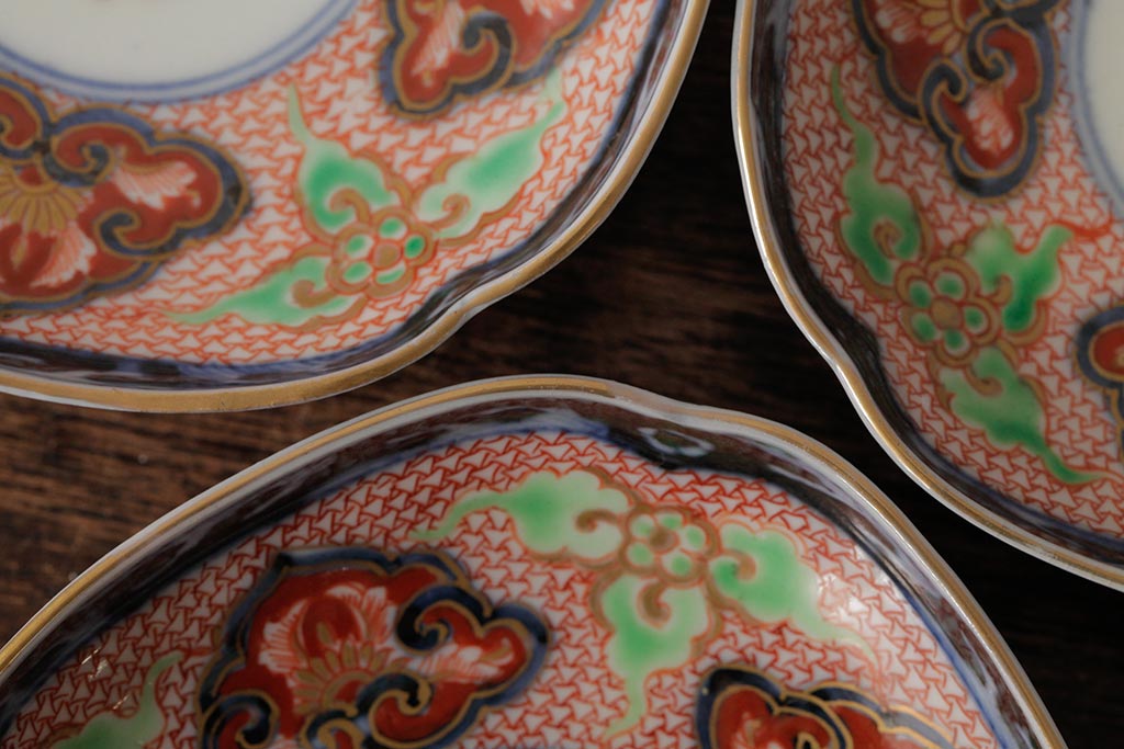 アンティーク雑貨　江戸期　古伊万里　大明成化年製　色絵染付小皿3枚セット(和食器)(R-042697)