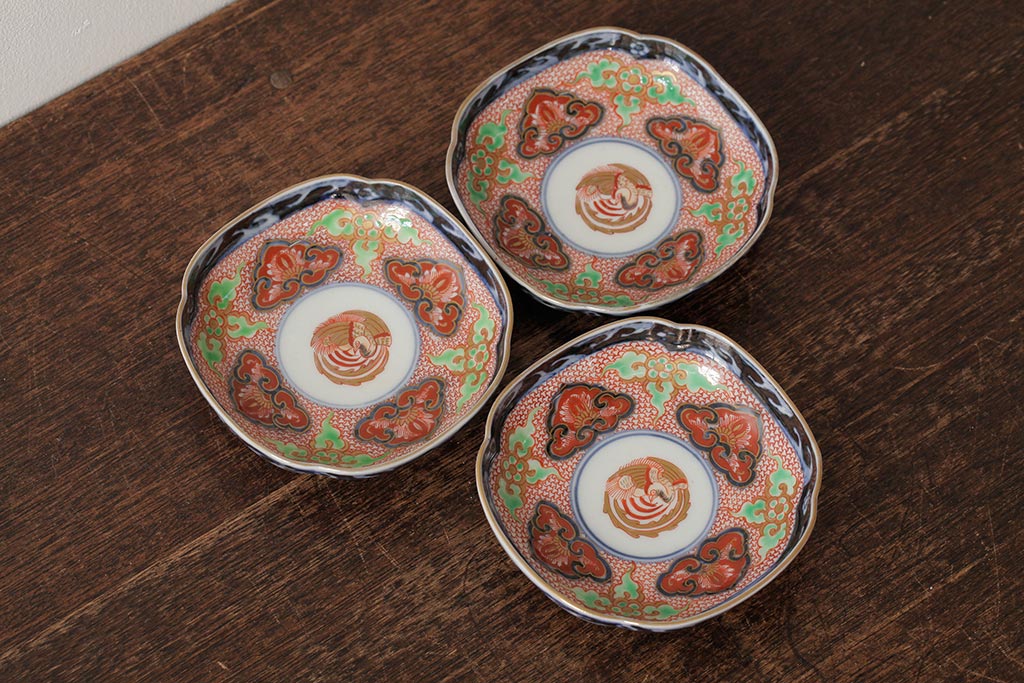 アンティーク雑貨　江戸期　古伊万里　大明成化年製　色絵染付小皿3枚セット(和食器)(R-042699)