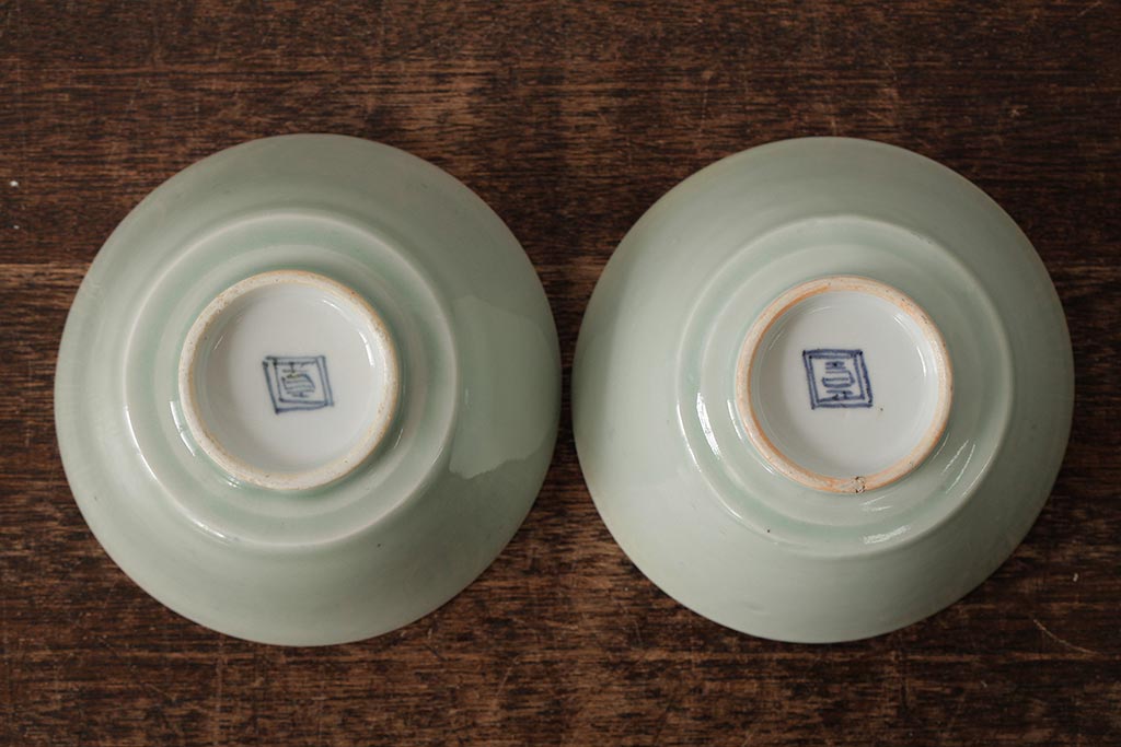 古民具・骨董　江戸期　古伊万里　青磁染付蓋茶碗2客セット(和食器)(R-042742)