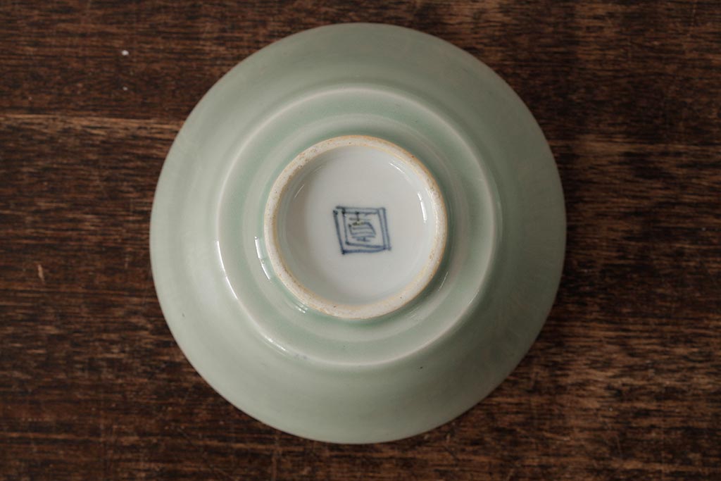古民具・骨董　江戸期　古伊万里　青磁染付蓋茶碗2客セット(和食器)(R-042742)