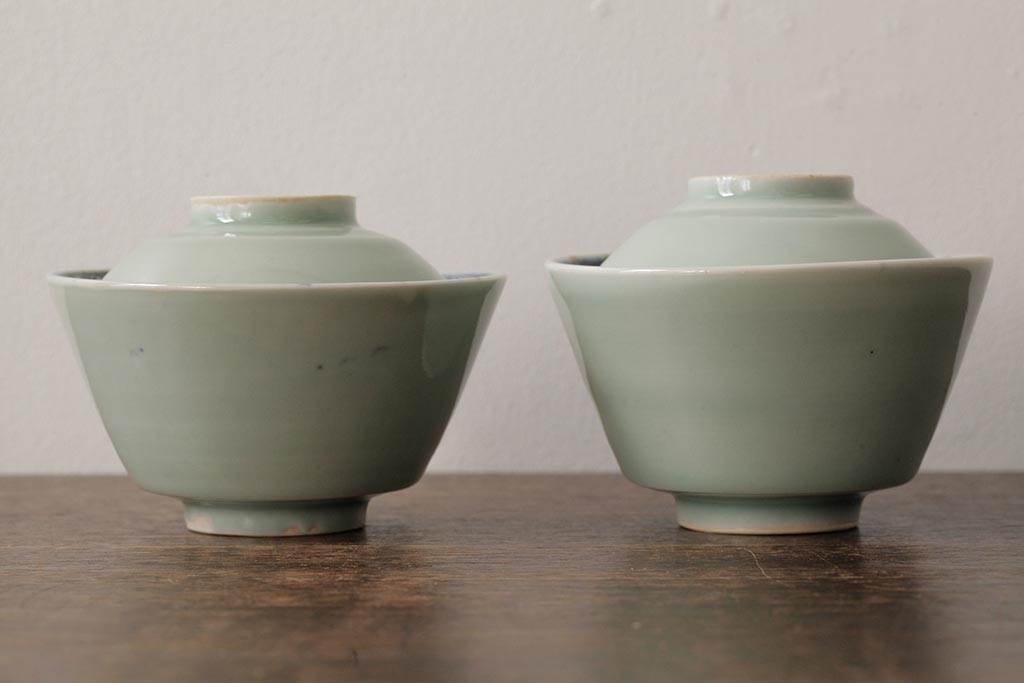 古民具・骨董　江戸期　古伊万里　青磁染付蓋茶碗2客セット(和食器)(R-042743)