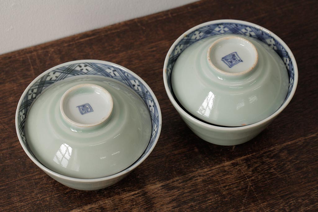 古民具・骨董　江戸期　古伊万里　青磁染付蓋茶碗2客セット(和食器)(R-042743)