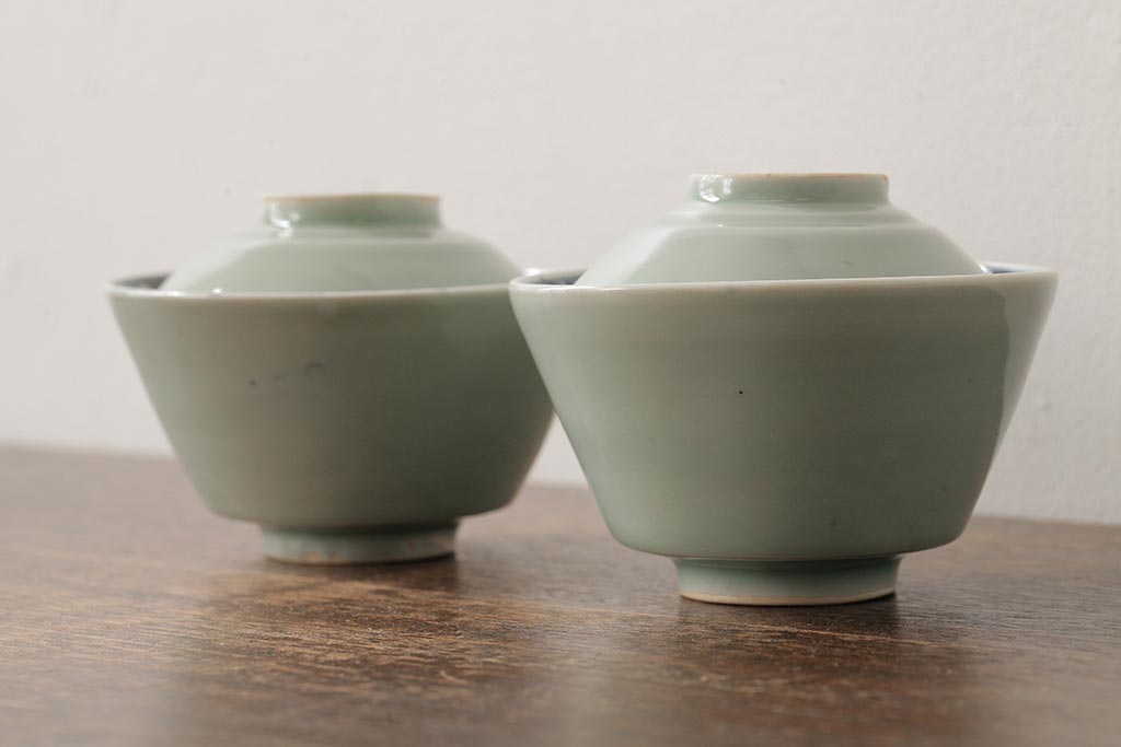 古民具・骨董　江戸期　古伊万里　青磁染付蓋茶碗2客セット(和食器)(R-042743)