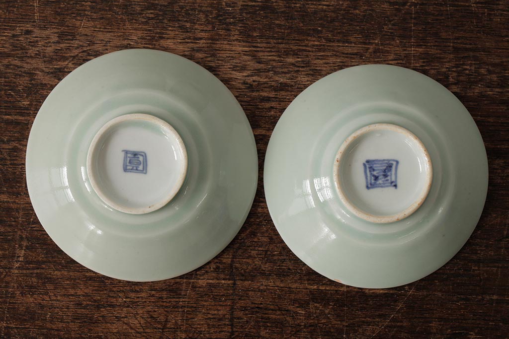 古民具・骨董　江戸期　古伊万里　青磁染付蓋茶碗2客セット(和食器)(R-042743)